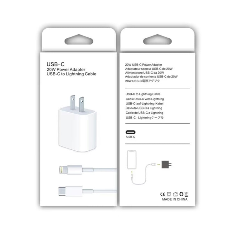 2 in 1 PD 20W แท่นชาร์จสำหรับเดินทางพอร์ต USB-C / Type-C เดี่ยว + 3A PD3.0 ชุดสายเคเบิลข้อมูล USB-C / Type-C ถึง 8 พินที่ชาร์จเร็ว, ความยาวสายเคเบิล: 1 ม., ปลั๊ก US, 20W 1m