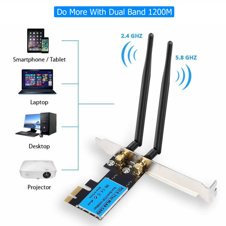 การ์ดเครือข่ายไร้สาย PCIe แบบดูอัลแบนด์ 1200Mbps 5G / 2.4G