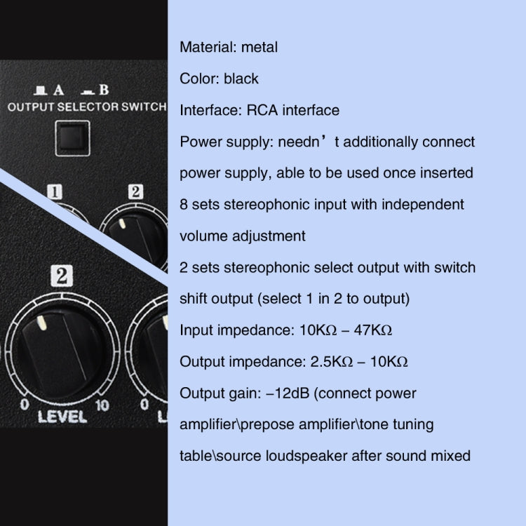 B066 มินิสเตอริโอ 8 ช่อง RCA Non Source Sound Passive Mixer, ไม่มีแหล่งจ่ายไฟ, 8 Channel RCA