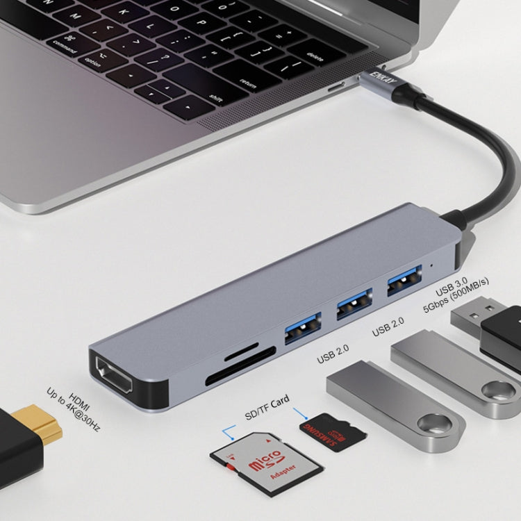 ENKAY Hat-Prince 6 in 1 Type-C ถึง 4K HDMI Docking Station Adapter USB-C Hub เครื่องอ่านการ์ด SD / TF, 6 in 1 Type-C to 4K HDMI