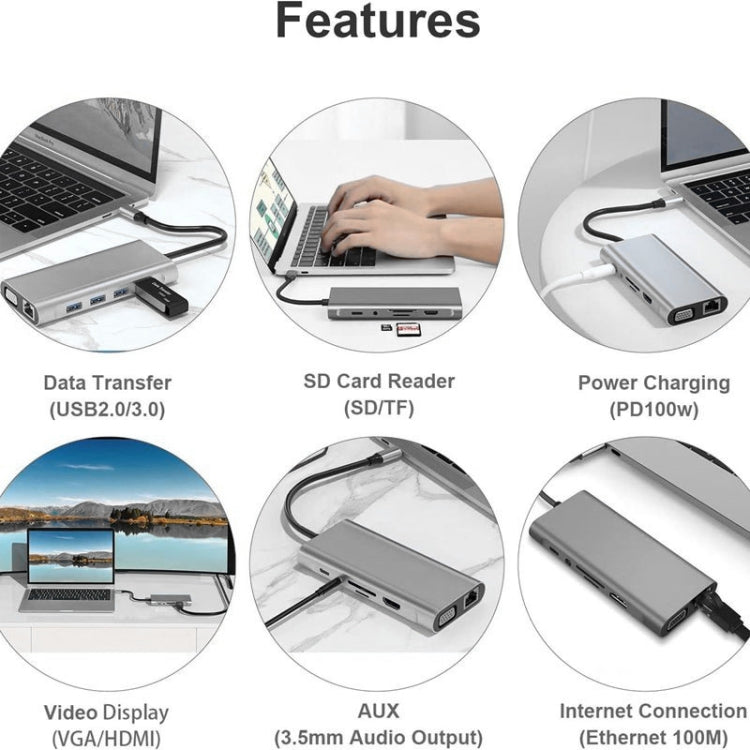 ฮับ USB C, อะแดปเตอร์ USB C 11 ใน 1 ดองเกิลพร้อม 4K HDMI, VGA, Type C PD, USB3.0, อีเธอร์เน็ต RJ45, เครื่องอ่านการ์ด SD/TF, ช่องรับสัญญาณเสียง 3.5 มม., แท่นวางที่เข้ากันได้กับ MacBook Pro/Air, ประเภท C อื่นๆอุปกรณ์แล็ปท็อป