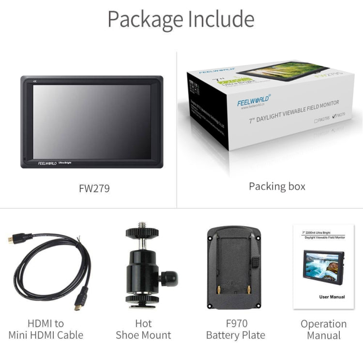FEELWORLD FW279 7 นิ้ว Ultra Bright 2200nit บนกล้อง DSLR Monitor Full HD 1920x1200 4K อินพุต HDMI เอาต์พุตความสว่างสูงสำหรับ DSLR Stablizer, FW279