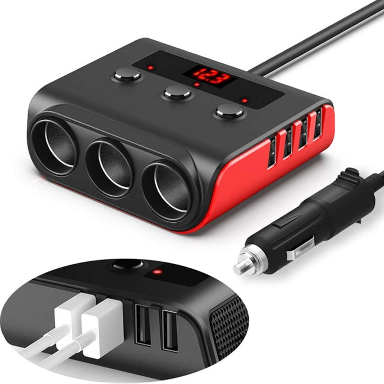 TR12 100W รถบุหรี่ไฟแช็กหนึ่งลากสามพร้อมสวิตช์จอแสดงผลแรงดันไฟฟ้า 4USB รถบุหรี่ไฟแช็ก, TR12 (Black), TR12