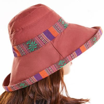 ฤดูร้อนสุภาพสตรีสไตล์แห่งชาติหมวกชายหาดสวมใส่สองด้าน Big Edge Sunhat, One Size