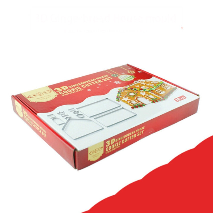 10 in 1 3D แม่พิมพ์บิสกิตสแตนเลสคริสต์มาสขนมปังขิงบ้านเครื่องมืออบ, Gingerbread Mold(10 in 1)