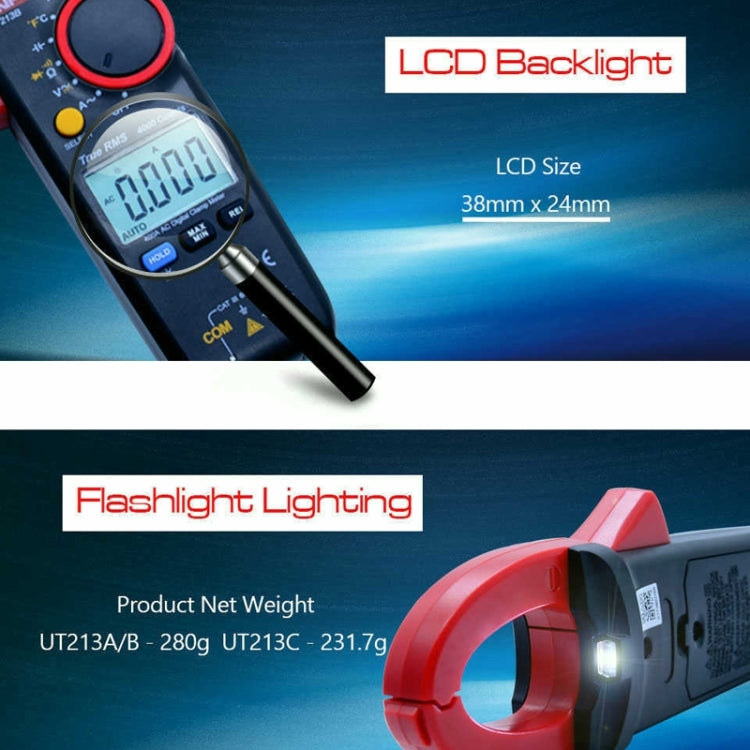 แคลมป์มิเตอร์ดิจิตอล เครื่องตรวจจับแรงดันไฟฟ้า AC DC, UT213A 400A, UT213B 400A, UT213C 400A