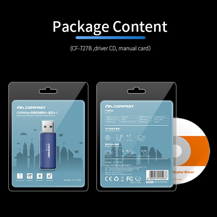COMFAST CF-727B 1300Mbps Dual Frequency Gigabit USB Desktop ตัวรับสัญญาณบลูทูธแบบพกพา V4.2 + WiFi การ์ดเครือข่ายไร้สาย