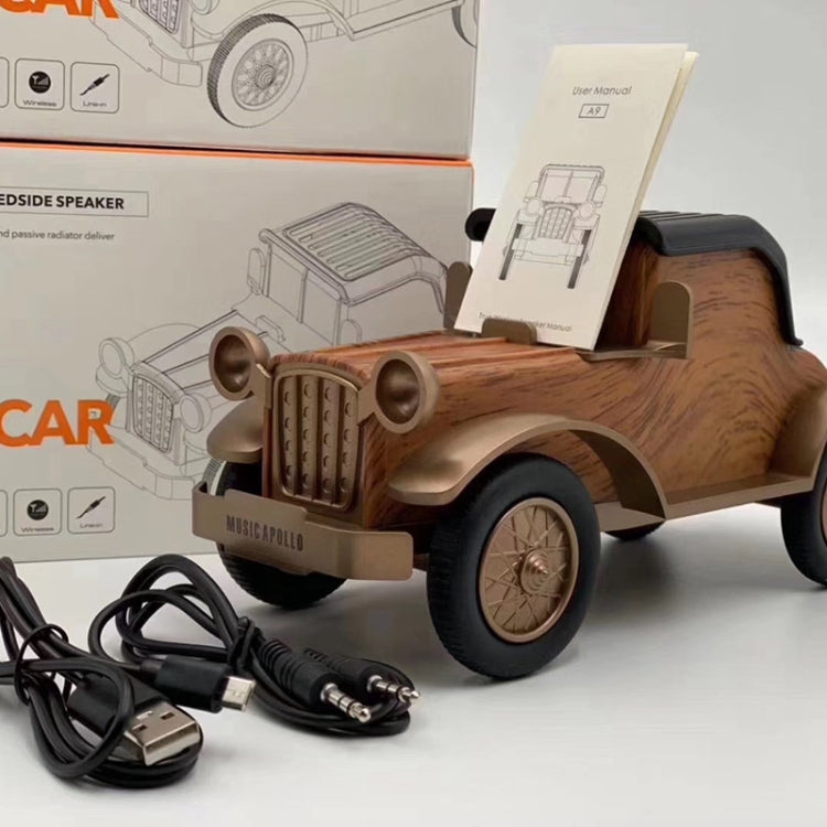 A9 Retro Wood Grain Classic Car Shape ลำโพงไร้สาย Bluetooth ซับวูฟเฟอร์วิทยุโทรศัพท์มือถือแบบพกพาขาตั้งลำโพงขนาดเล็ก
