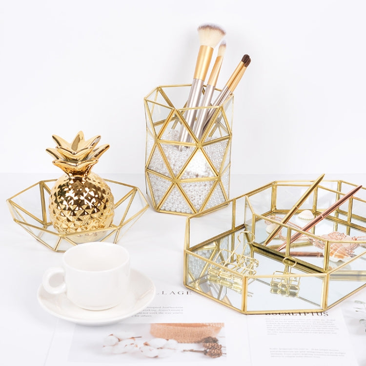 ถาดเก็บแก้ว Golden Retro รูปหลายเหลี่ยมถาดกระจกทองเหลืองเดสก์ท็อปถาดเก็บเครื่องสำอาง, Polygon Small, Octagonal Plate, Beauty Brush Bucket