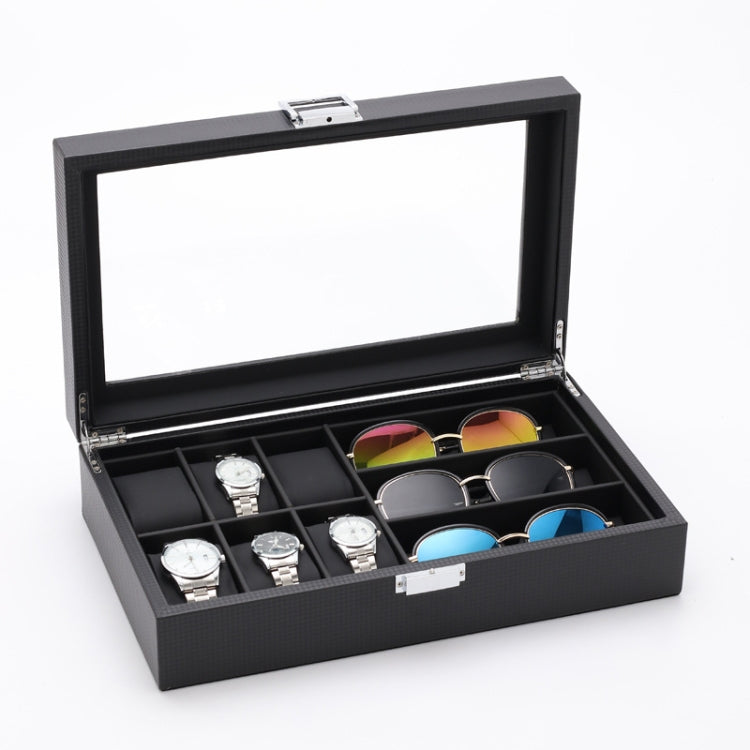 6 + 3 PU Watch Glasses Case Carbon Fiber PU Skin Watch Box Sunglasses Box, 6 + 3 Brown, 6 + 3 Black