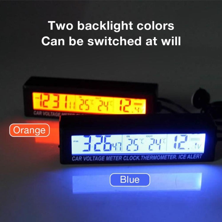 รถภายในและภายนอกอุณหภูมิคู่ + นาฬิกา + แรงดันไฟฟ้าจอแสดงผล LED อิเล็กทรอนิกส์, 4 in 1 Orange+Blue