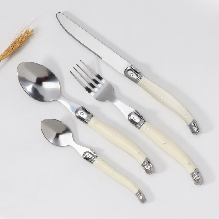 ชุดช้อนส้อมมีดสแตนเลสด้ามพลาสติกบนโต๊ะอาหารแบบตะวันตก, 6 Forks, 6 Spoons, 6 Tea Spoons