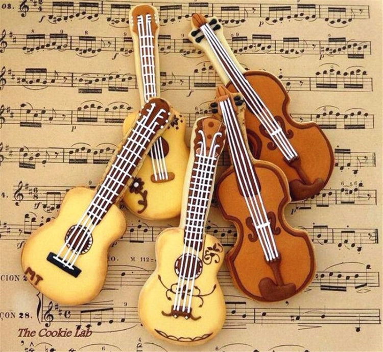 5 ชิ้นกีต้าร์รูปร่างเบเกอรี่บิสกิตแม่พิมพ์สแตนเลส Fondant มูสวงกลม, Guitar Shape