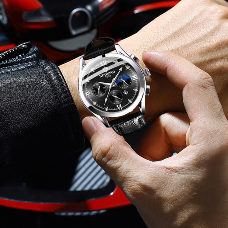 BINBOND B3591 นาฬิกาข้อมือผู้ชายปฏิทินเรืองแสงกันน้ำ 30 ม, Black Steel-Black, Black Leather-White-Black, Brown Leather-White-White