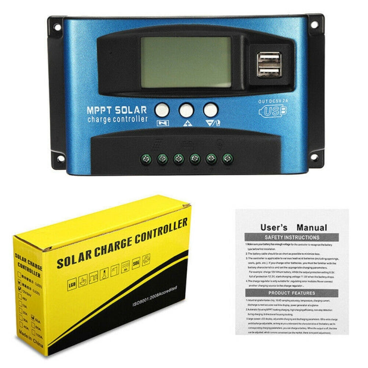 YCX-003 30-100A เครื่องควบคุมการชาร์จพลังงานแสงอาทิตย์พร้อมหน้าจอ LED และพอร์ต USB คู่เครื่องชาร์จ MPPT อัจฉริยะ, 12/24V 30A, 12/24V 40A, 12/24V 50A, 12/24V 60A, 12/24V 100A, 12/24/36/48/60V 100A
