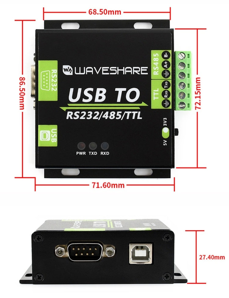 Waveshare USB เป็น RS232 / RS485 / TTL Industrial Isolated Converter, 15817