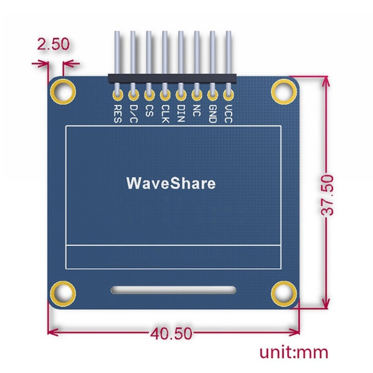 Waveshare 1.3 นิ้ว 128*64 OLED(A), อินเทอร์เฟซ SPI/I2C, Pinheader แนวนอนแบบโค้ง