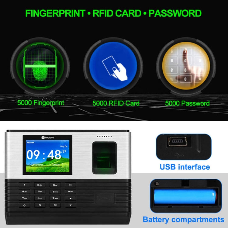เครื่องบันทึกเวลาด้วยลายนิ้วมือ Realand AL355 พร้อมหน้าจอสีขนาด 2.8 นิ้ว และฟังก์ชันบัตรประจำตัวประชาชน และ WiFi, AL355