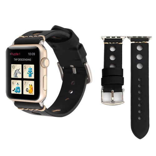 สำหรับ Apple Watch Series 7 45 มม./6 & SE & 5 & 4 44 มม./42 มม. 3 & 2 & 1 Retro Hole นาฬิกาข้อมือหนังแท้, For 42mm