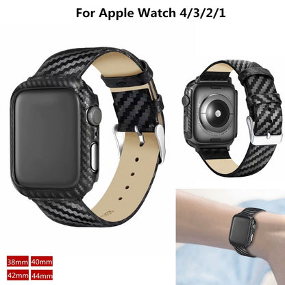 สายหนังแท้คาร์บอนไฟเบอร์ + กรอบสำหรับ Apple Watch Series 3 & 2 & 1 38mm, Apple Watch Series 3 & 2 & 1 38mm