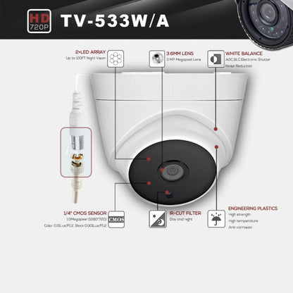 533A CE และ RoHS รับรองกล้อง AHD เลนส์ 3.6 มม. 3MP กันน้ำพร้อมอาร์เรย์ LED IR 2 อาร์เรย์รองรับ Night Vision และสมดุลสีขาว, 533A-W, 533A-L, 533A-H2