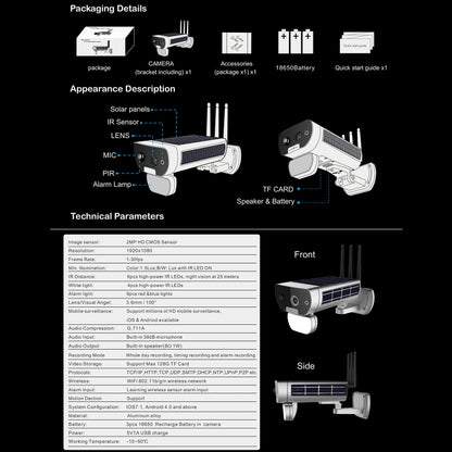 T8 1080P Full HD แบตเตอรี่พลังงานแสงอาทิตย์พลังงานต่ำพิเศษแสงเสียงกล้องเครือข่ายปลุก, รองรับการตรวจจับการเคลื่อนไหว, Night Vision, เสียงสองทาง, การ์ด TF, T8