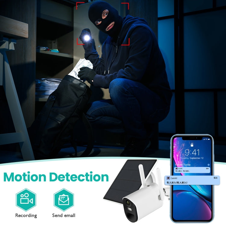 T20 1080P Full HD กล้อง WiFi พลังงานแสงอาทิตย์, รองรับการตรวจจับการเคลื่อนไหว, Night Vision, เสียงสองทาง, การ์ด TF, WiFi