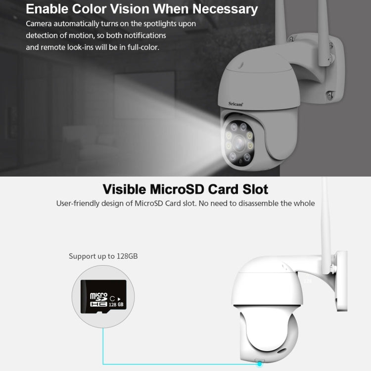 Sricam SP028 1080P HD กล้อง PTZ กลางแจ้ง, รองรับเสียงสองทาง / การตรวจจับการเคลื่อนไหว / การตรวจจับแบบ Humanoid / สี Night Vision / การ์ด TF, ปลั๊กของสหรัฐฯ, SP028 AU Plug, SP028 EU Plug, SP028 UK Plug, SP028 US Plug