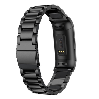 สายนาฬิกาสแตนเลสแบบแข็งสามเม็ดหนังสติ๊กหัวเข็มขัดสำหรับ Fitbit Charge 3