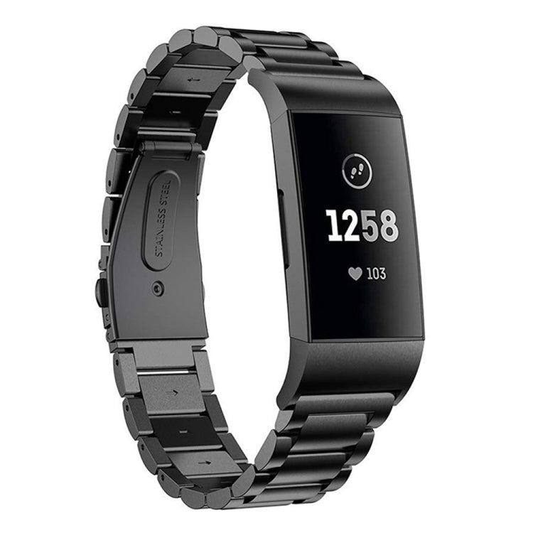 สายนาฬิกาสแตนเลสแบบแข็งสามเม็ดหนังสติ๊กหัวเข็มขัดสำหรับ Fitbit Charge 3