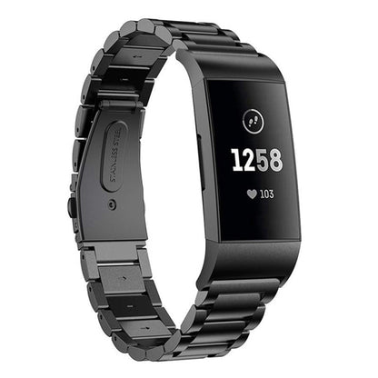 สายนาฬิกาสแตนเลสแบบแข็งสามเม็ดหนังสติ๊กหัวเข็มขัดสำหรับ Fitbit Charge 3