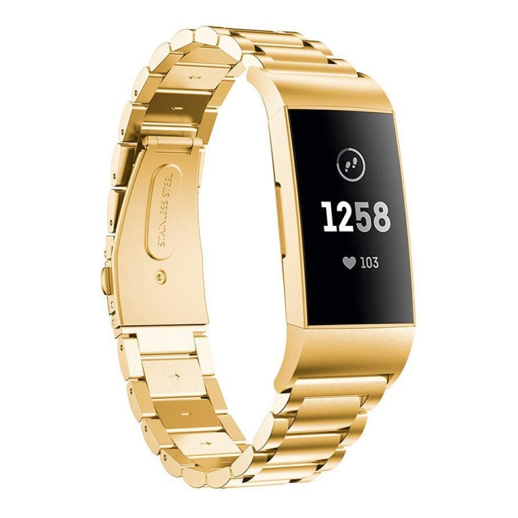 สายนาฬิกาสแตนเลสแบบแข็งสามเม็ดหนังสติ๊กหัวเข็มขัดสำหรับ Fitbit Charge 3