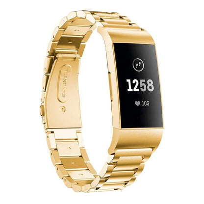 สายนาฬิกาสแตนเลสแบบแข็งสามเม็ดหนังสติ๊กหัวเข็มขัดสำหรับ Fitbit Charge 3