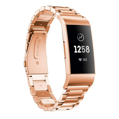 สายนาฬิกาสแตนเลสแบบแข็งสามเม็ดหนังสติ๊กหัวเข็มขัดสำหรับ Fitbit Charge 3