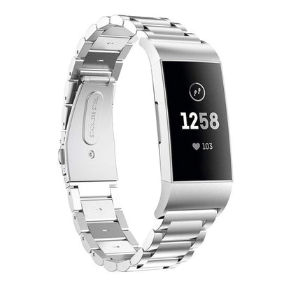 สายนาฬิกาสแตนเลสแบบแข็งสามเม็ดหนังสติ๊กหัวเข็มขัดสำหรับ Fitbit Charge 3