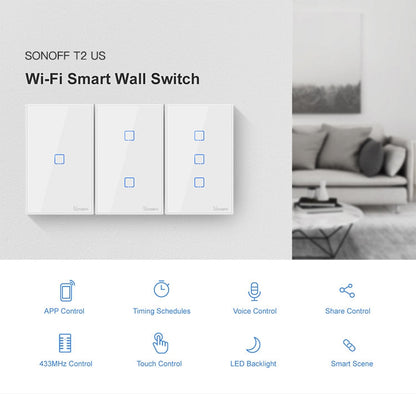 Sonoff T2 Touch 120 มม. แผงกระจกนิรภัยสวิตช์ผนังไฟบ้านอัจฉริยะสวิตช์สัมผัสเข้ากันได้กับ Alexa และ Google Home, AC 100 V-240 V, US Plug, 120mm/ 1 US Plug