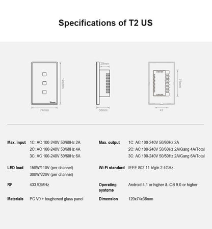 Sonoff T2 Touch 120 มม. แผงกระจกนิรภัยสวิตช์ผนังไฟบ้านอัจฉริยะสวิตช์สัมผัสเข้ากันได้กับ Alexa และ Google Home, AC 100 V-240 V, US Plug, 120mm/ 3 US Plug