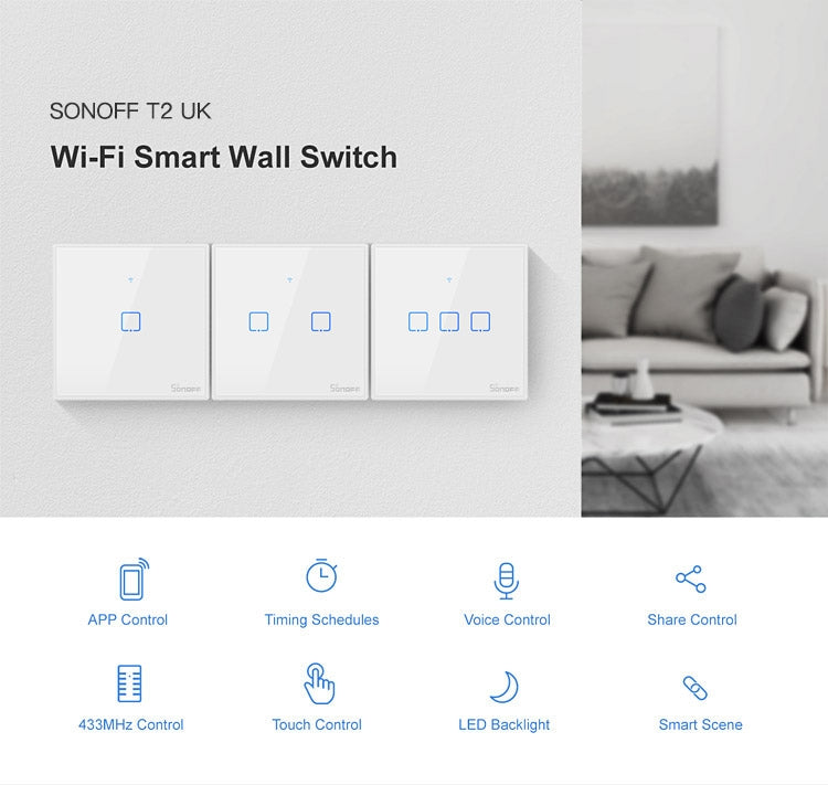 Sonoff T2 Touch 86 มม. แผงกระจกนิรภัยสวิตช์ผนังไฟบ้านอัจฉริยะสวิตช์สัมผัสเข้ากันได้กับ Alexa และ Google Home, AC 100 V-240 V, UK Plug, 86mm/ 1 UK Plug