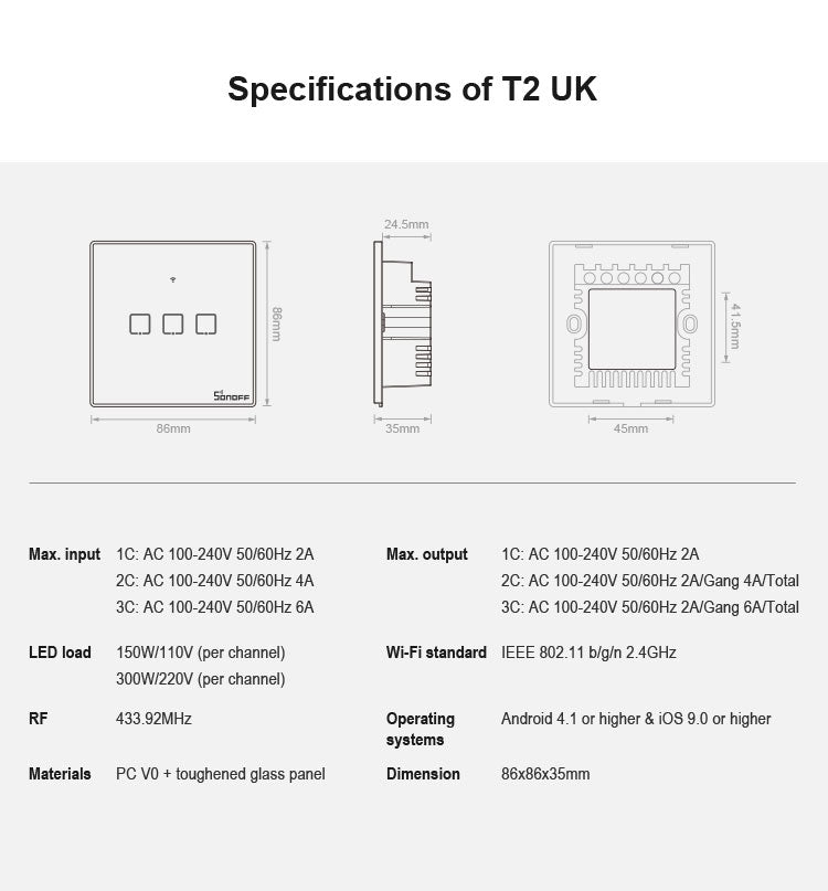 Sonoff T2 Touch 86 มม. แผงกระจกนิรภัยสวิตช์ติดผนังไฟบ้านอัจฉริยะสวิตช์สัมผัส, เข้ากันได้กับ Alexa และ Google Home, AC 100V-240V, UK Plug, 86mm/ 2 UK Plug