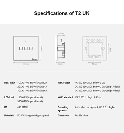 Sonoff T2 Touch 86 มม. แผงกระจกนิรภัยสวิตช์ติดผนังไฟบ้านอัจฉริยะสวิตช์สัมผัส, เข้ากันได้กับ Alexa และ Google Home, AC 100V-240V, UK Plug, 86mm/ 2 UK Plug