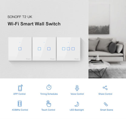 Sonoff T2 Touch 86 มม. แผงกระจกนิรภัยสวิตช์ผนังไฟบ้านอัจฉริยะสวิตช์สัมผัสเข้ากันได้กับ Alexa และ Google Home, AC 100 V-240 V, UK Plug, 86mm/ 3 UK Plug