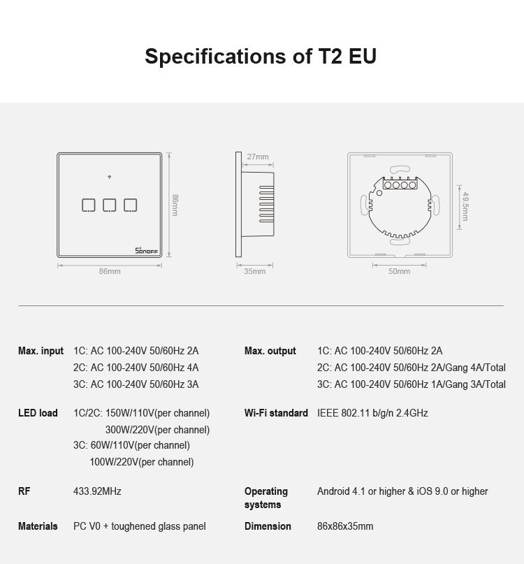 Sonoff T2 Touch 86 มม. แผงกระจกนิรภัยสวิตช์ผนังไฟบ้านอัจฉริยะสวิตช์สัมผัสเข้ากันได้กับ Alexa และ Google Home, AC 100 V - 240 V, ปลั๊ก EU, 86mm/ 1 EUPlug