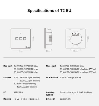 Sonoff T2 Touch 86 มม. แผงกระจกนิรภัยสวิตช์ผนังไฟบ้านอัจฉริยะสวิตช์สัมผัสเข้ากันได้กับ Alexa และ Google Home, AC 100 V - 240 V, ปลั๊ก EU, 86mm/ 1 EUPlug