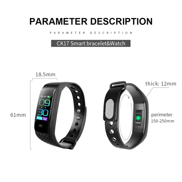 CK17S 0.96 นิ้วหน้าจอ IPS สร้อยข้อมือสมาร์ทกันน้ำ IP67 รองรับการแจ้งเตือนการโทร / การตรวจสอบอัตราการเต้นของหัวใจ / การตรวจสอบความดันโลหิต / การตรวจสอบการนอนหลับ