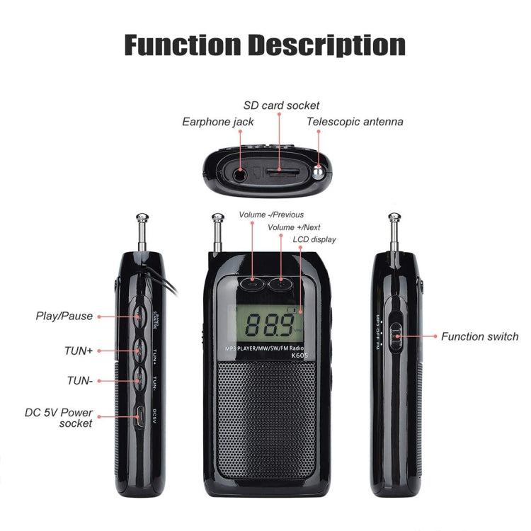 K-605 วิทยุ FM / AM / SW แบบพกพาแบบสเตอริโอเต็มรูปแบบรองรับการ์ด TF