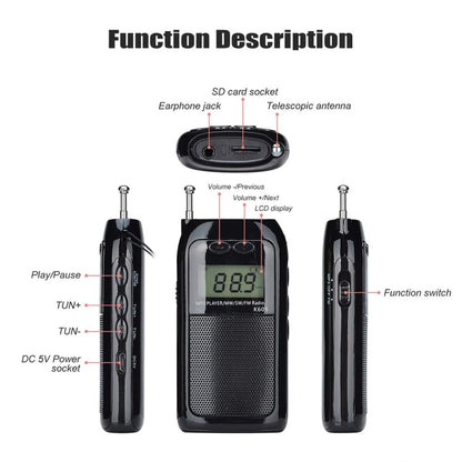 K-605 วิทยุ FM / AM / SW แบบพกพาแบบสเตอริโอเต็มรูปแบบรองรับการ์ด TF