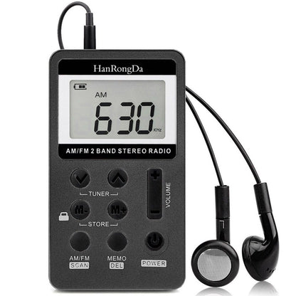 HRD-103 FM + AM วิทยุพกพาสองแบนด์พร้อมเชือกเส้นเล็กและชุดหูฟัง