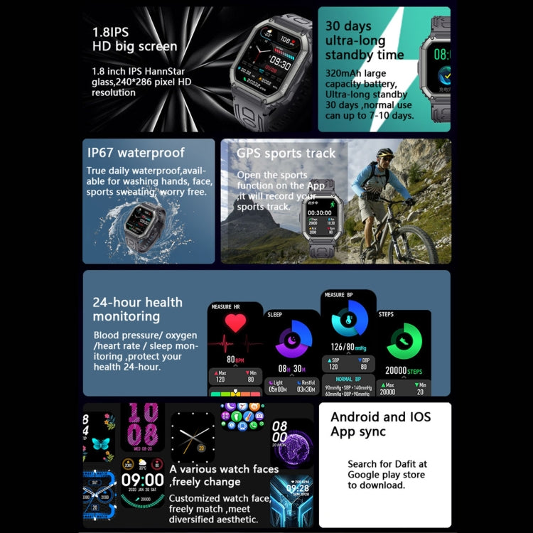 KR06 กันน้ำ Pedometer Sport Smart Watch รองรับอัตราการเต้นของหัวใจ / การตรวจสอบความดันโลหิต / การโทร BT
