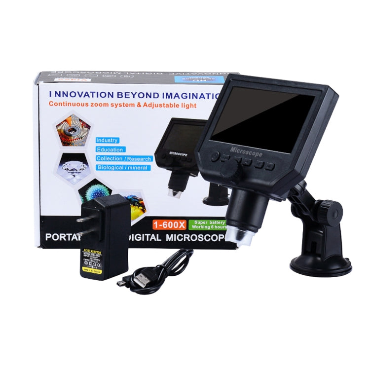 G600 600X 3.6MP 4.3 นิ้ว HD จอแสดงผล LCD USB ชาร์จกล้องจุลทรรศน์ดิจิตอลแบบพกพาพร้อมไฟ LED, รองรับการ์ด Micro SD (สูงสุด 64GB), ปลั๊ก US, AC 100-240V, US Plug