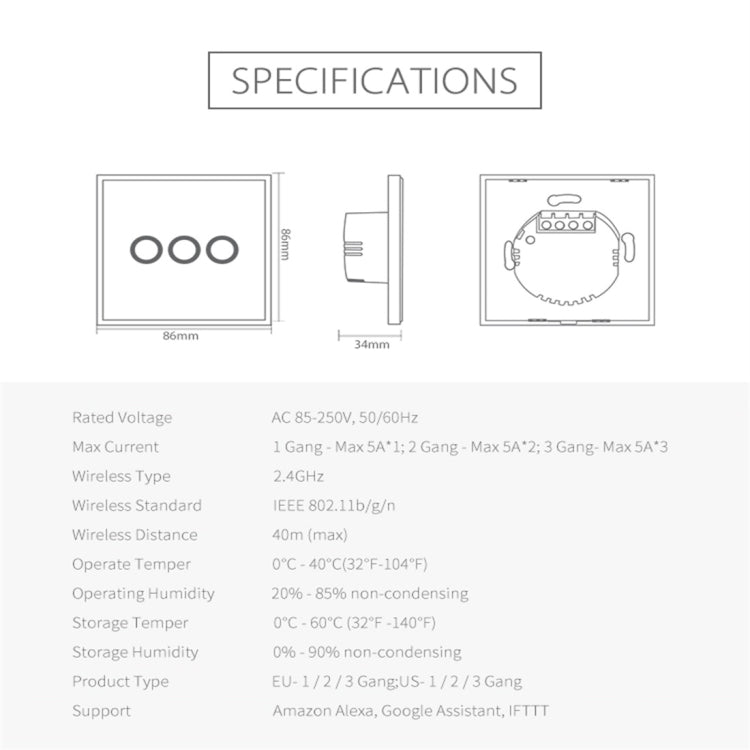 NEO NAS-SC03W Wireless WiFi EU สวิตช์ควบคุมไฟอัจฉริยะ 3Gang, 3 Gang